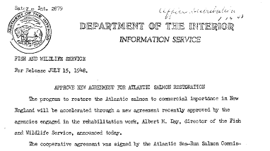 Approve New Agreement for Atlantic Salmon Restoration July 15, 1948