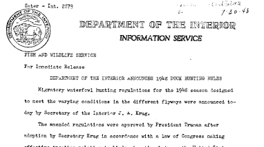 Department of the Interior Announces 1948 Duck Hunting Rules July 30, 1948