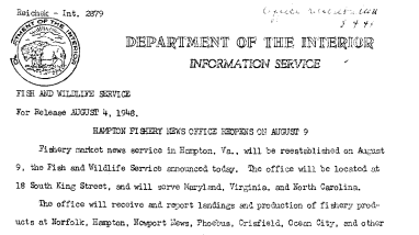 Hampton Fishery News Office Reopens on August 9 August 4, 1948