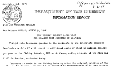 New Fishery Freight Rates Mean $16 Million Cost Increase to Shippers August 9, 1948