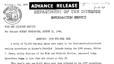 Announce 1948 Fur-Seal Take August 15, 1948