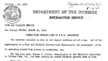 Canned Fish Spreads Made in F.W.S. Laboratory August 20, 1948