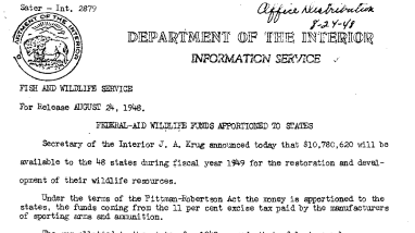 Federal-Aid Wildlife Funds Apportioned to States August 24, 1948