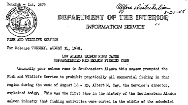 Low Alaska Salmon Runs Cause Unprecedented Mid-Season Fishing Curb August 31, 1948