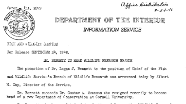 Dr. Bennett to Head Wildlife Research Branch September 24, 1948