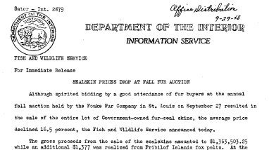 Sealskin Prices Drop at Fall Fur Auction September 29, 1948