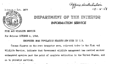 Trumpter Swan Population Reaches New High in U.S. October 6, 1948