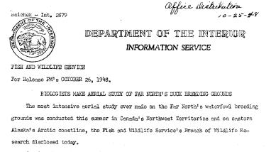 Biologists Make Aerial Study of Far North's Duck Breeding Grounds October 26, 1948