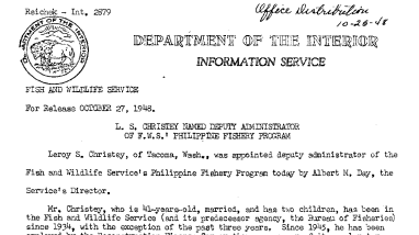 L.S. Christey Named Deputy Administrator of FWS Philippine Fishery Program October 27, 1948