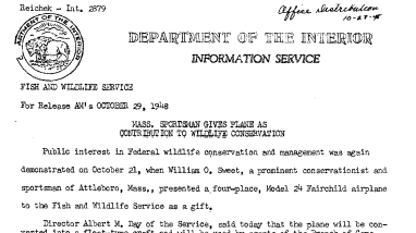 Mass. Sportman Gives Plane as Contribution to Wildlife Conservation October 29, 1948