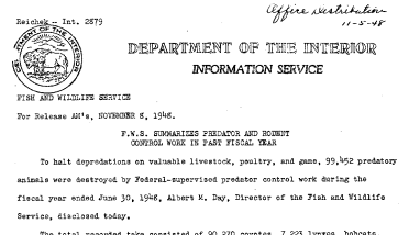 FWS Summarizes Predator and Rodent Control Work in Past Fiscal Year November 8, 1948