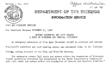 Extend Waterfowl and Coot Season 5 Days in Northern and Central Wisconsin November 10, 1948