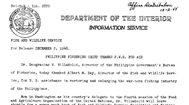 Philippine Fisheries Chief Thanks FWS for Aid December 2, 1948