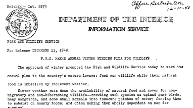 FWS Makes Annual Winter Feeding Plea for Wildlife December 11, 1948