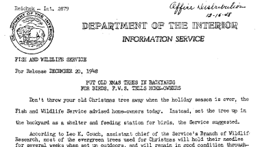 Put Old Xmas Trees in Backyards for Birds, FWS Tells Home-Owners December 20, 1948