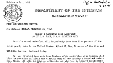 Mexico's Waterfowl Kill Less Than 5% of U.S. Take, FWS Director Says December 26, 1948
