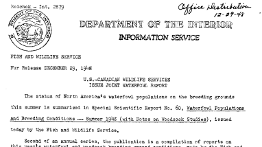 U.S.-CANADIAN Wildlife Services Issue Joint Waterfowl Report December 29, 1948
