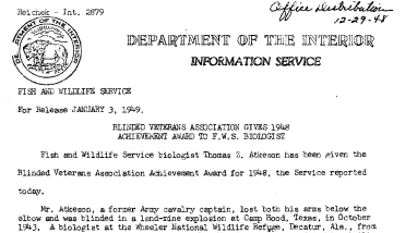Blinded Veterans Association Gives 1948 Achievement Award to FWS Biologist January 3, 1949