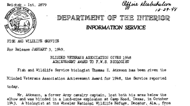 Blinded Veterans Association Gives 1948 Achievement Award to F.W.S. Biologist January 3, 1949