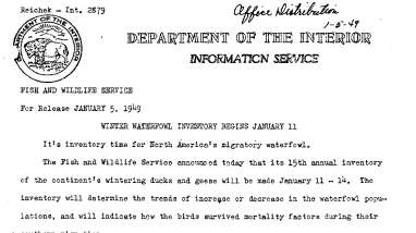 Winter Waterfowl Inventory Begins January 11 January 5, 1949