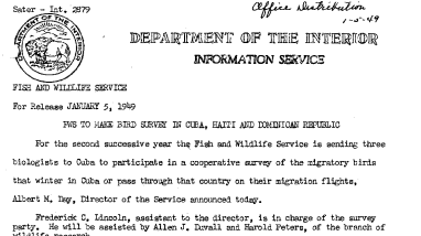 FWS to Make Bird Survey in Cuba, Haiti and Dominican Republic January 5, 1949