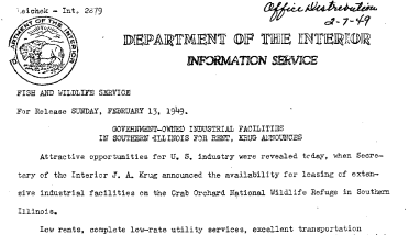 Govenment-Owned Industrial Facilities in Southern Illinois for Rent, Krug Announces January 13, 1949