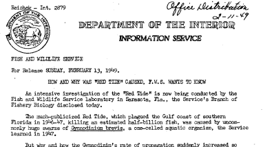 How and Why Was "Red Tide" Caused, F.W.S. Wants to Know January 13, 1949