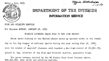 Fishing Licenses Sales Soar to New High Record January 16, 1949