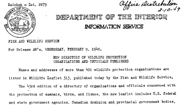 New Directory of Wildlife Protection Organizations and Officials Publishing February 9, 1949