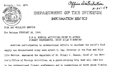FWS Foreign Activities Chief to Attend Fishery Conferences, Study Asian Fisheries February 25, 1949