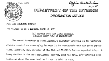 Day Reports Duck and Goose Increase, Credits Stiff '47-'48 Regulations March 8, 1949