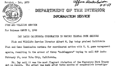 Day Lands California Cooperation in Record Illegal Duck Seizure --March 9, 1949