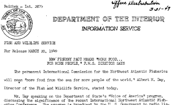 New Fishery Pact Means "More Food...for More People," FWS Director March 20, 1949