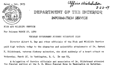 Veteran Government Fishery Scientist Dies March 22, 1949