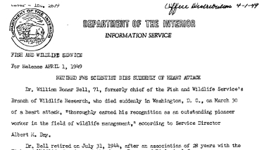 Retired FWS Scientist Dies Suddenly of Heart Attack April 1, 1949