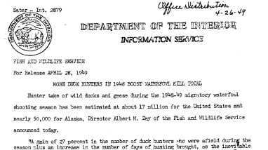More Duck Hunters in 1948 Boost Waterfowl Kill Total April 28, 1949