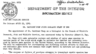 Dr. Gardiner Bump Joins Research Staff of FWS April 29, 1949