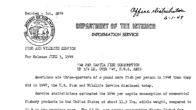 1948 per Capita Fish Consumptionm up 3/4 Lb. Over 1947, FWS Says June 3, 1949