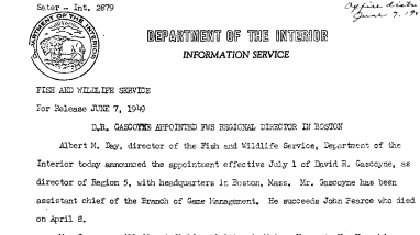 Mr. D. R. Gasscoyne Appointed FWS Regional Director in Boston --June 7, 1949