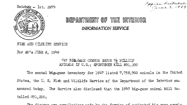 1947 Big-Game Census Shows 7 1/2 Million Animals in U. S. ; Sportsmen Kill891,200 --June 8, 1949
