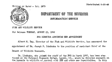 FWS Director Announces New Appointment (Dr. Joseph P. Linduska) --August 23, 1949