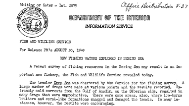 New Fishing Waters Explored in Bering Sea --August 30,1949