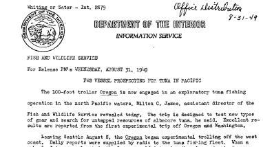 FWS Vessel Prospecting for Tuna in Pacific --August 30, 1949