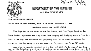 September Brings New Oyster Season --Sept. 1, 1949