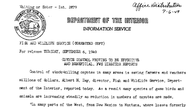 Coyote Control Proving to Be Effective and Beneficial, FWS Director Reports --September 6, 1949