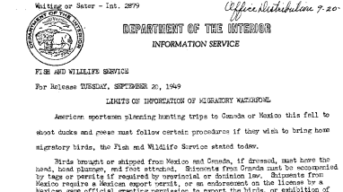 Limits on Importation of Migratory Waterfowl --Sept. 20,1949