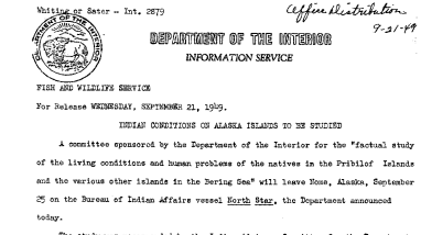 Indian Conditions on Alaska Islands to Be Studied --Sept. 21, 1949