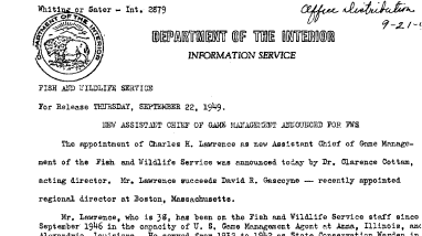 New Assistant Chief of Game Management Announced for FWS --Sept. 22, 1949