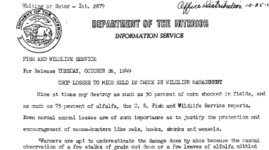 Crop Losses to Mice Held in Check by Wildlife Management October 26, 1949