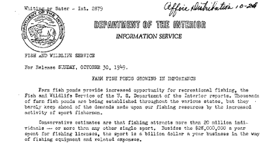 Farm Fish Ponds Growing in Importance October 30, 1949